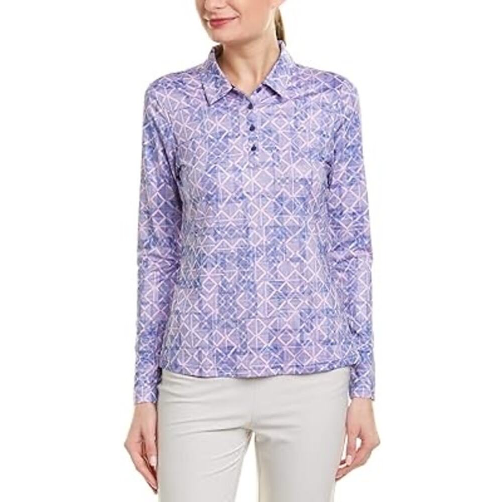 Adidas Golf Ultimate Print Polo Shirt M Lilac LS Performance Top Pickleball NWOT